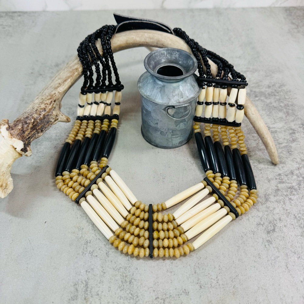 Vintage Artisan Handmade Bone, Glass and Horn Tribal Necklace 18-20 in. - Picture 8 of 15